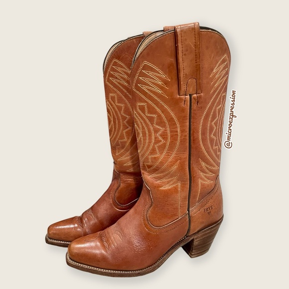 1980s VINTAGE Frye Aztec Geometric Leather Brown Cognac Embroidered Cowboy Boot - Picture 9 of 15